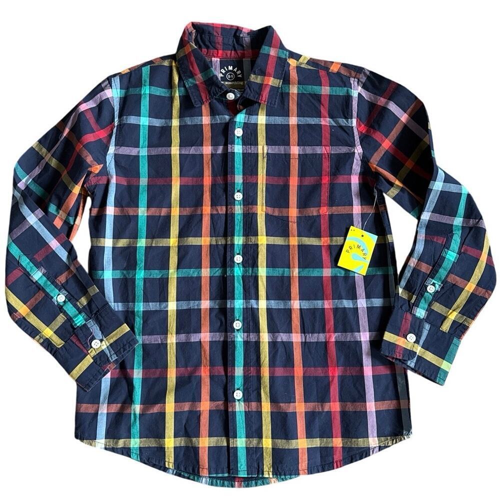 NWT Primary Long Sleeve Navy Rainbow Plaid Button Down Shirt Size 8-9
